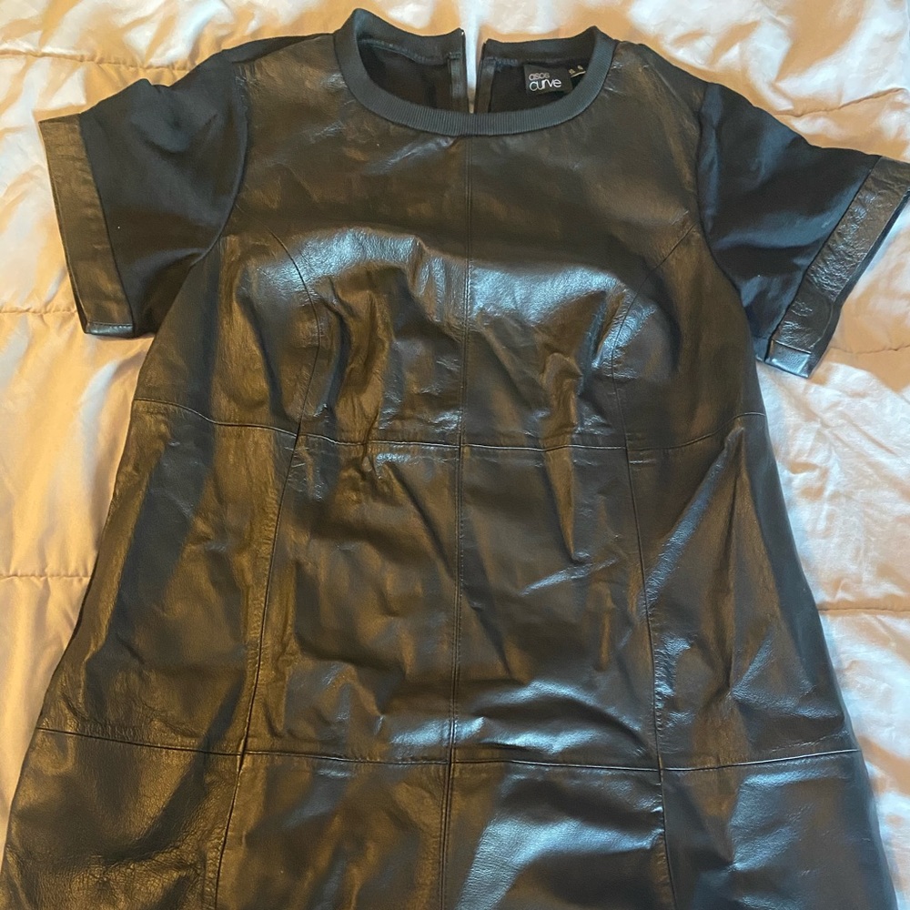 Leather front shirt dress
